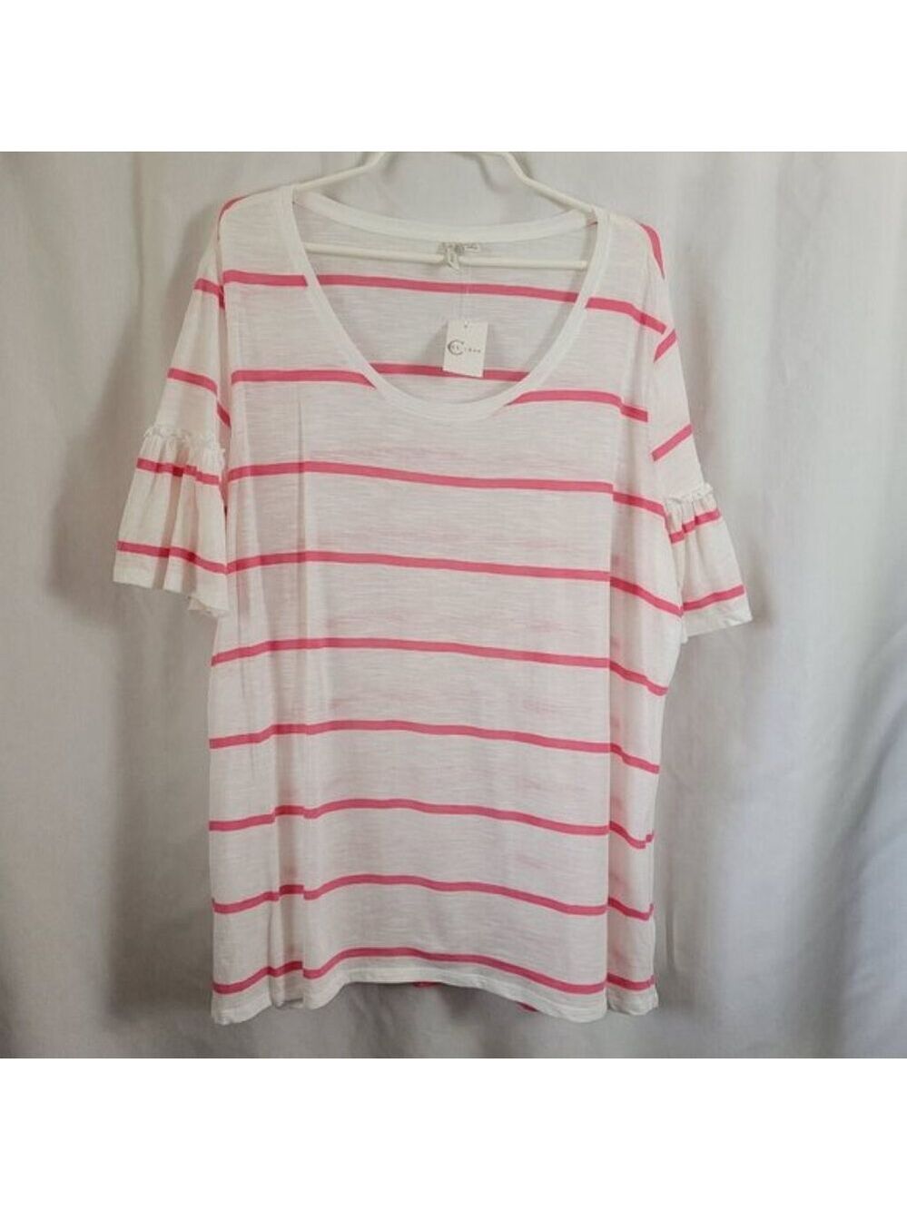 Est. 1946 Top Tunic Pink White Stripe 22/24W ruffle scoop neck feminine NWT NEW